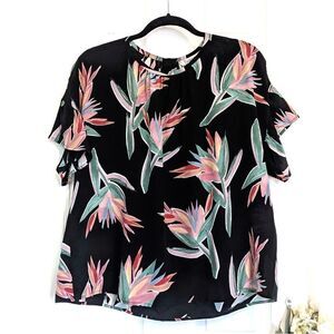 Tucker Lola Top Birds of Paradise Crepe de Chine Silk Blouse Floral Short Sleeve